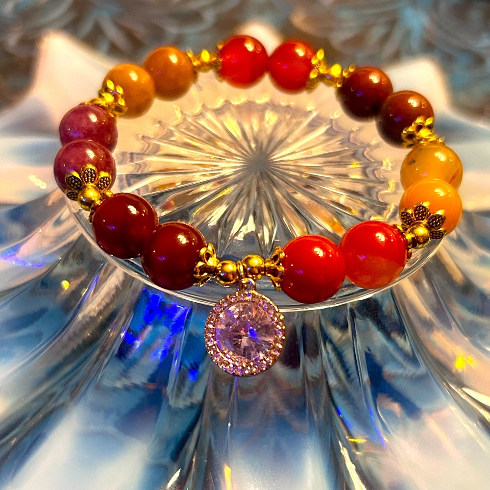 Handmade Natural Stone Stretch Bracelet with Gold-Tone Halo’d Crystal Pendant